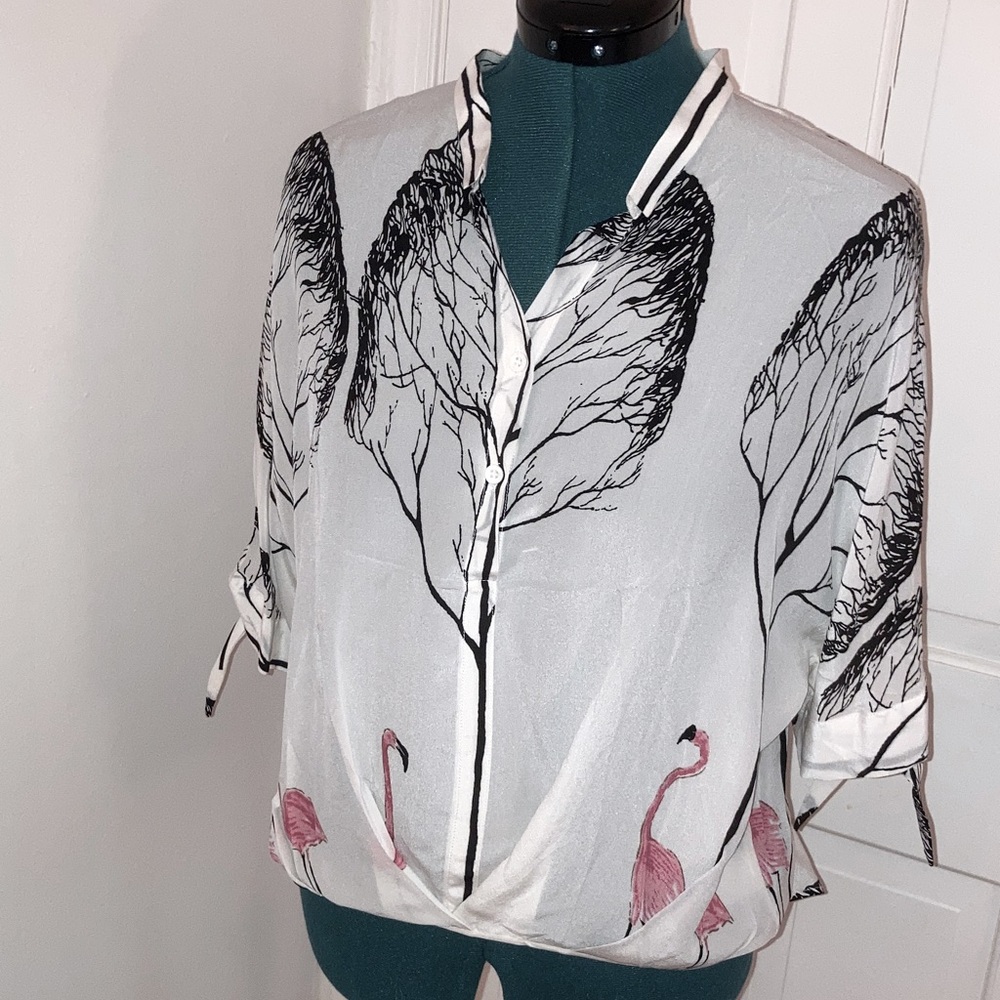 White Silk Blouse with Flamingo and Tree Design